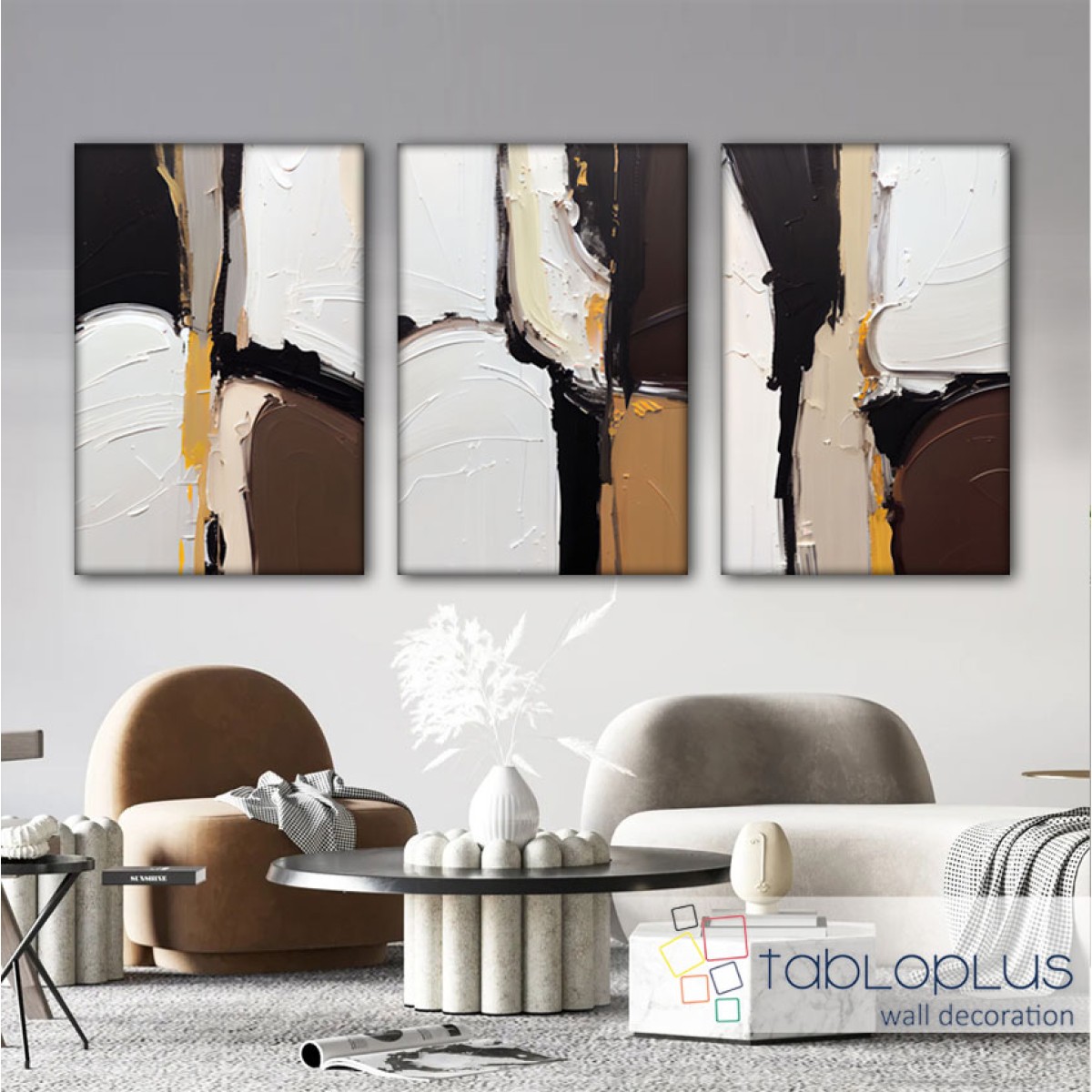 Black Brown with Orange 3 Piece 3d Heavy Textured Partial Oil Painting